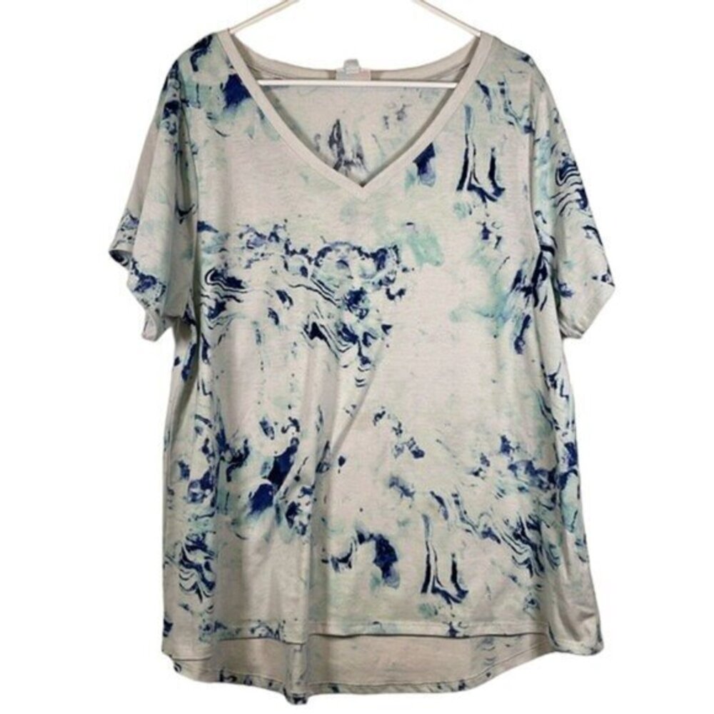 Plus Size Lularoe White Blue Tie Dye V-Neck Pullover Shirt Size 2XL GUC #0593